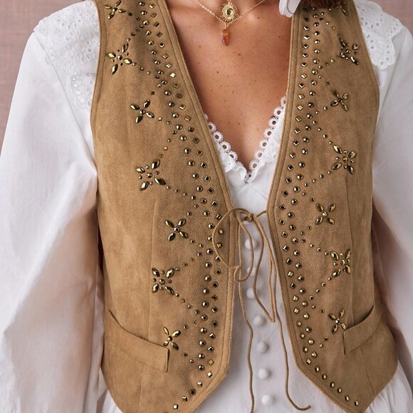Brown Casual Women's Rhinestone Decor Western Style Front Tie Vest Jacket - Picture 2 of 8